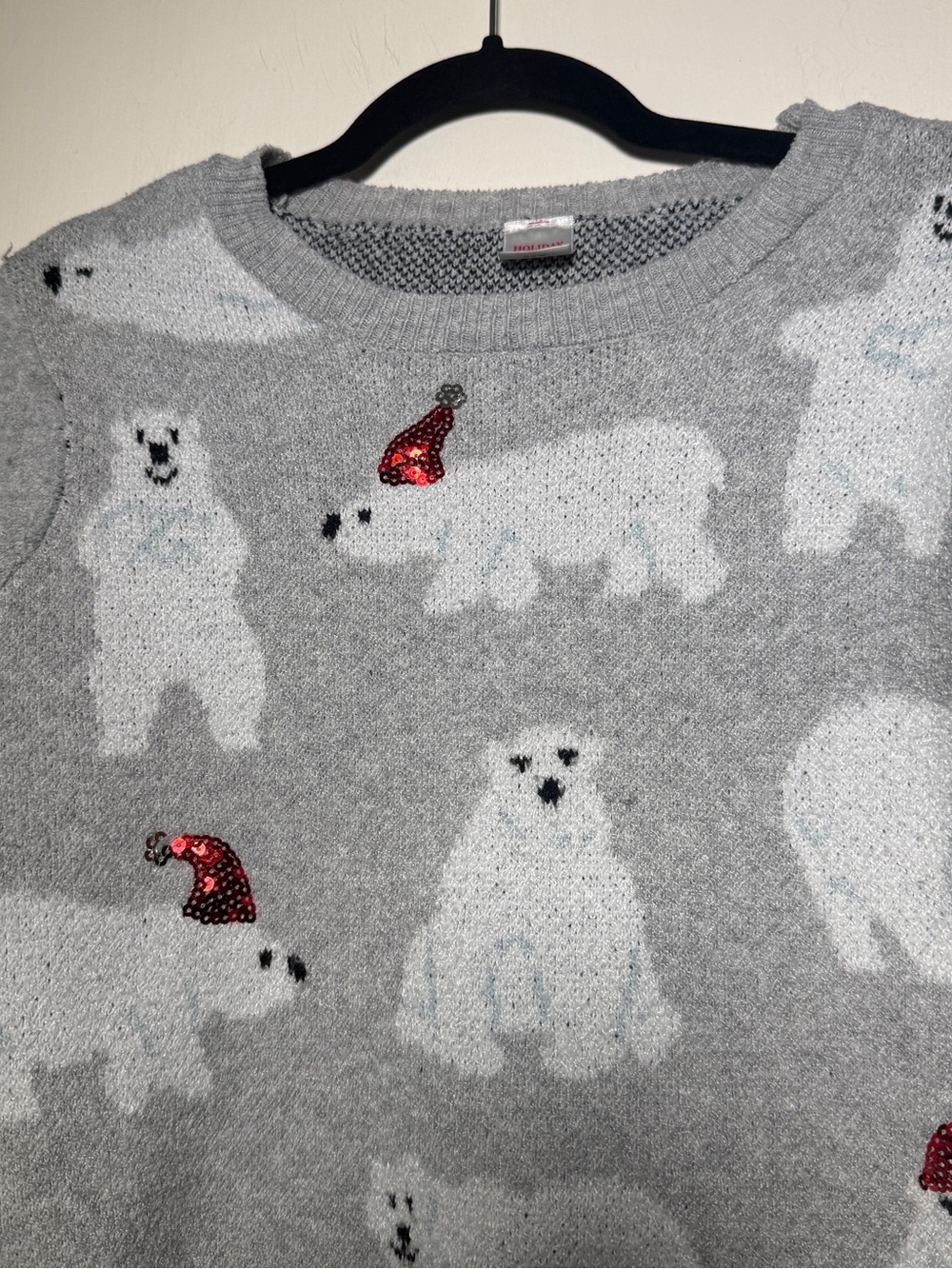 Holiday Time Cozy Grey Polar Bear Sweater with Red Sequin Hats Medium